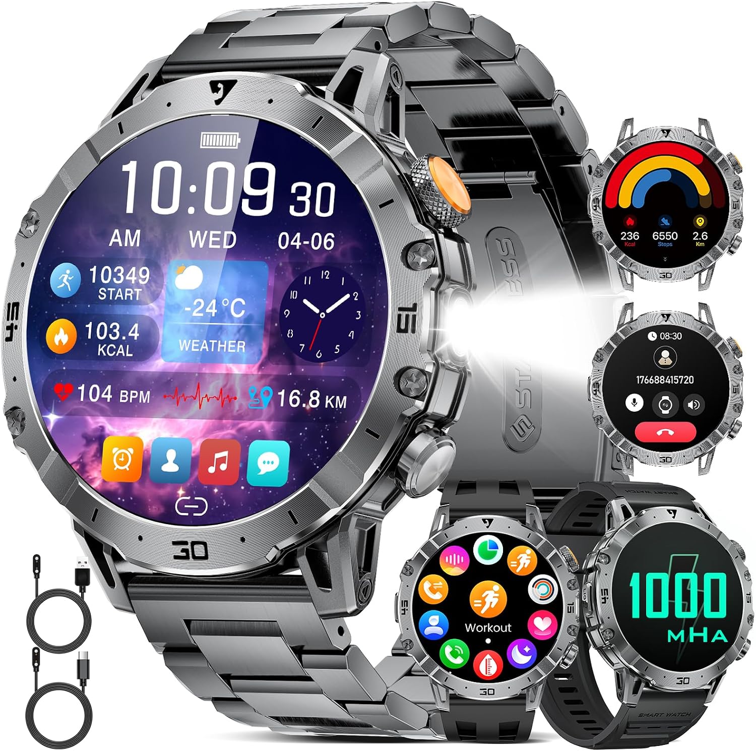 HIRREO EF18 Military Smart Watch for Men – 1.85" HD Display, 1000mAh Battery, LED Flashlight, 8+ Sport Modes, IP68