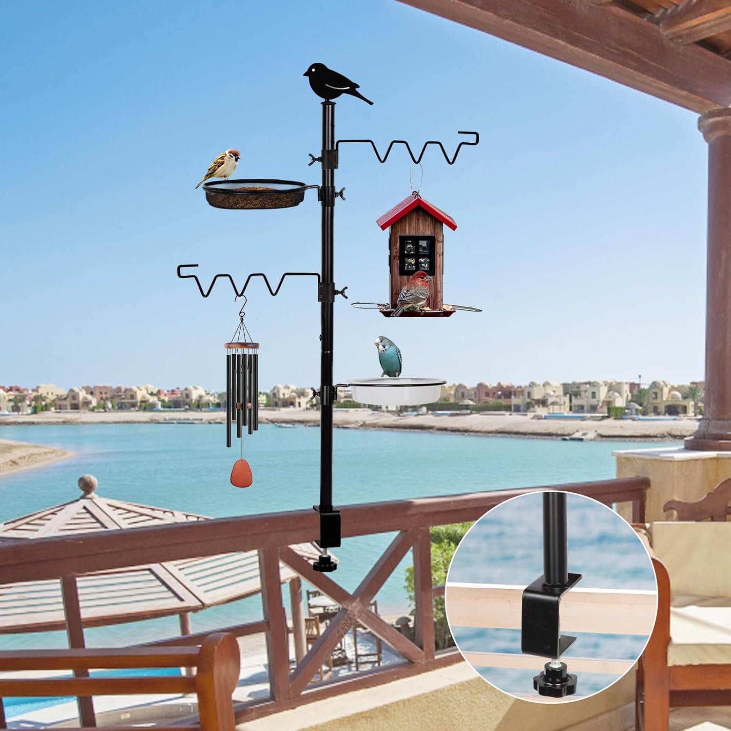 Detalle 1 de HRAYLTOP Deck Bird Feeder Station Kit with Steel Hooks, Tray & Water Bowl (Black) – Balcony & Porch Railing Hanging Set