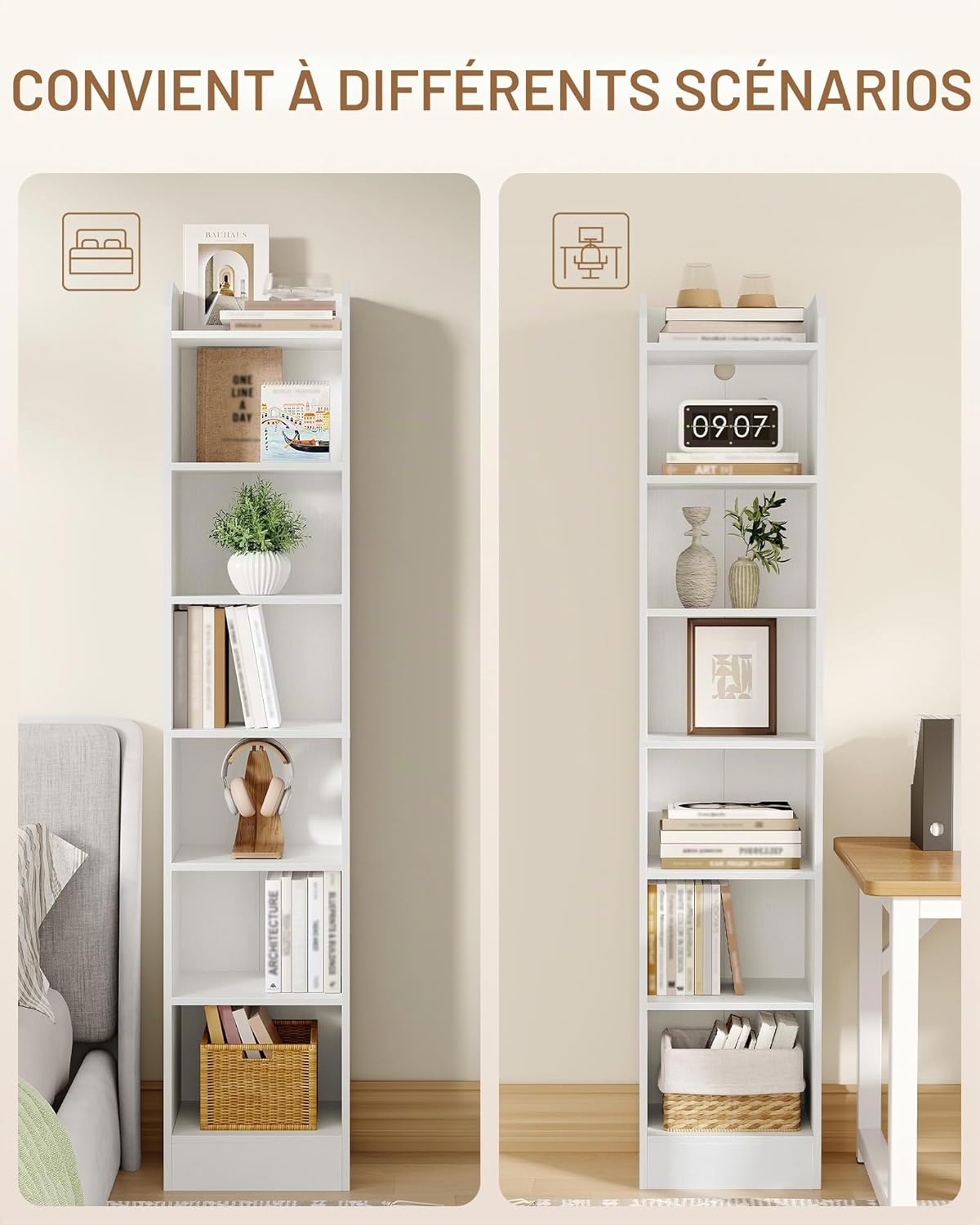 Detalle de Hzuaneri Bibliothèque à 7 niveaux sur pieds – Étagère de rangement blanche BC07913X