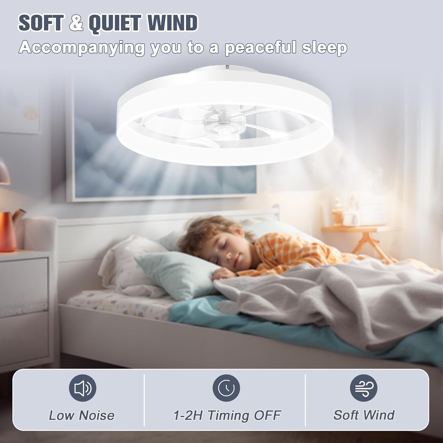 Detalle de VOLISUN 21170ZM Low-Profile Ceiling Fan with Light, 6 Speeds, Remote & App