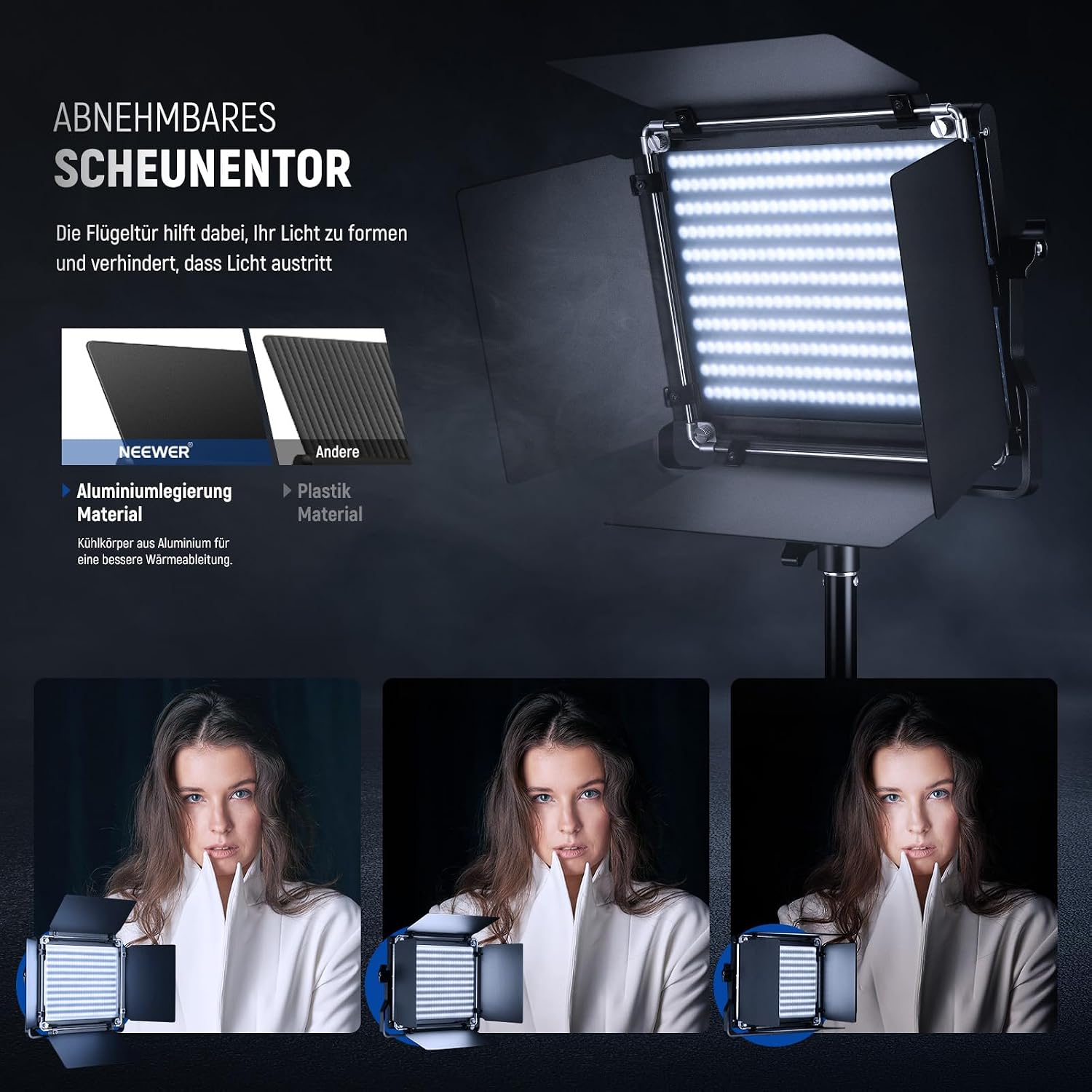 Detalle de NEEWER NL660 Bicolor LED Videolicht mit Stativ, 660 LEDs, 3200K–5600K, CRI96+ (dimmbar) & Barndoors