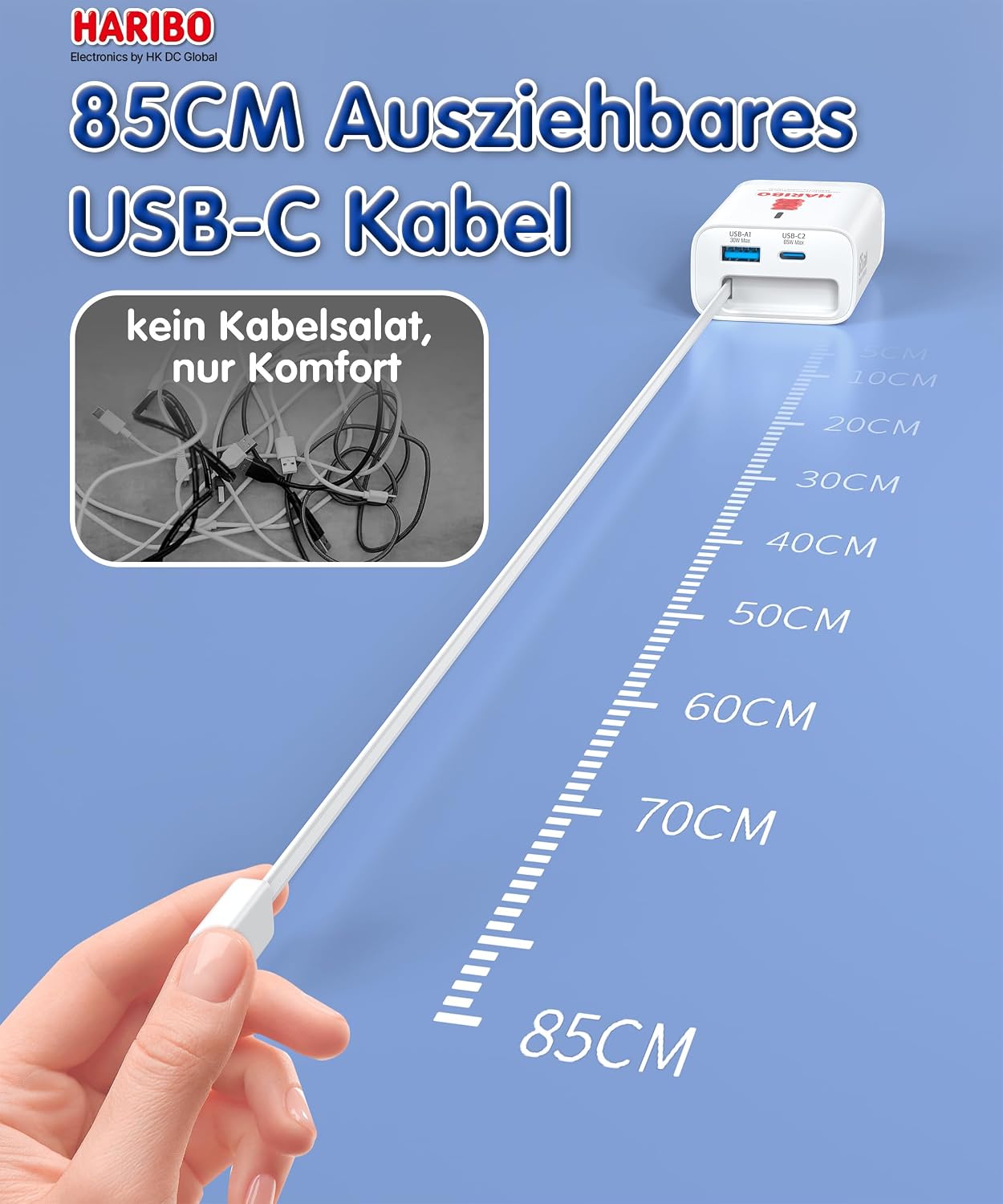 Detalle de HARIBO 65W USB-C Ladegerät mit 85 cm Einziehbarem Kabel – 3-Port GaN Netzteil PD QC PPS