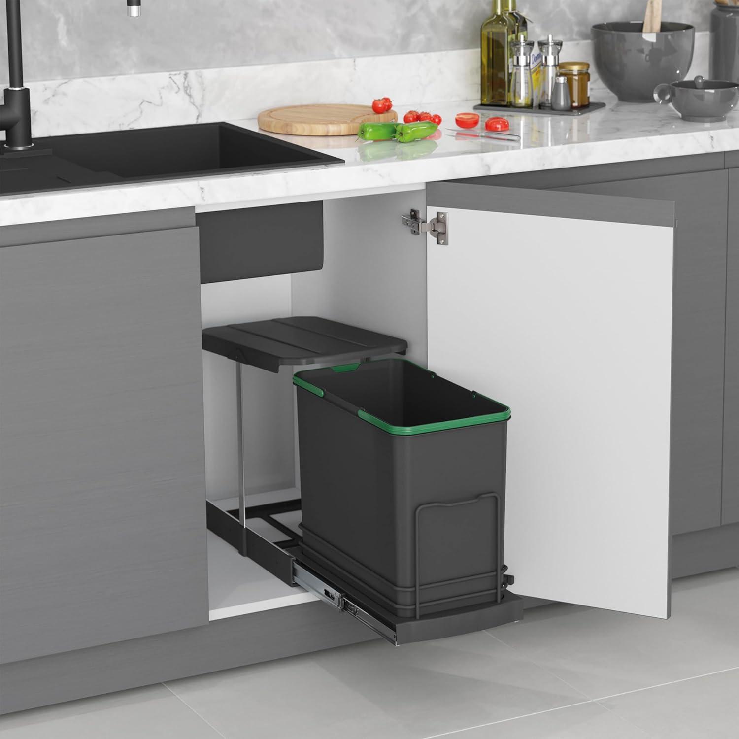 Detalle 2 de Emuca Poubelle de tri sélectif pour meuble de cuisine – 24 L, fixation par le bas, extraction manuelle/automatique