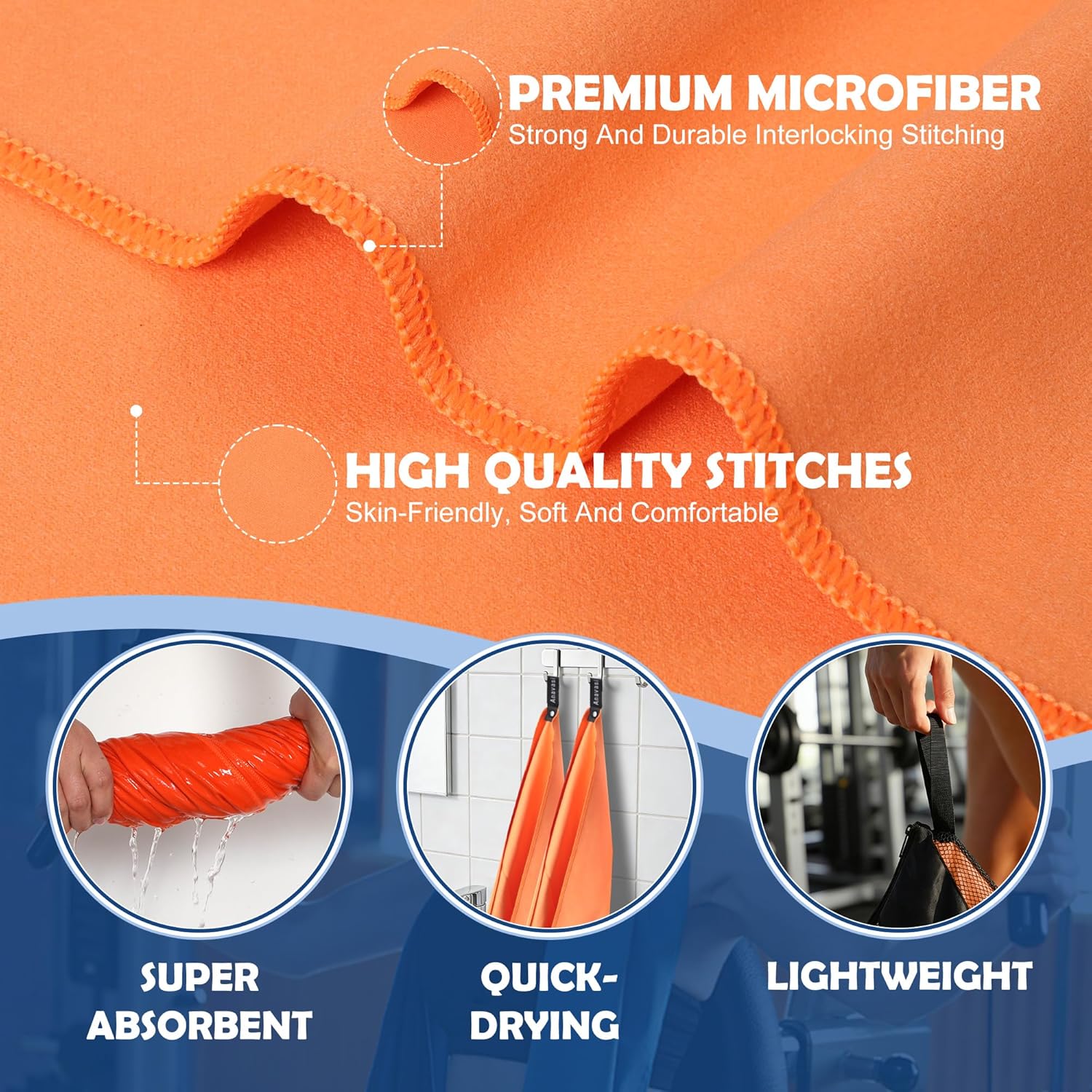 Thumbnail 2 de Anavasi 6 PCS Microfibre Towels for Adults (gym, travel) with net bag – Dark Blue and Orange