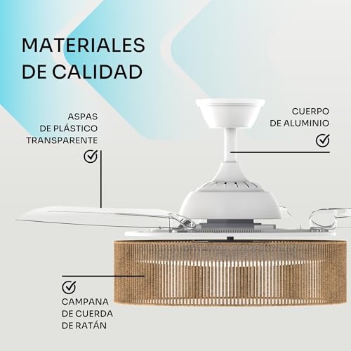 Detalle de Mellerware Ventilador de Techo Brizy Bright Rattan: suave, silencioso y con luz LED