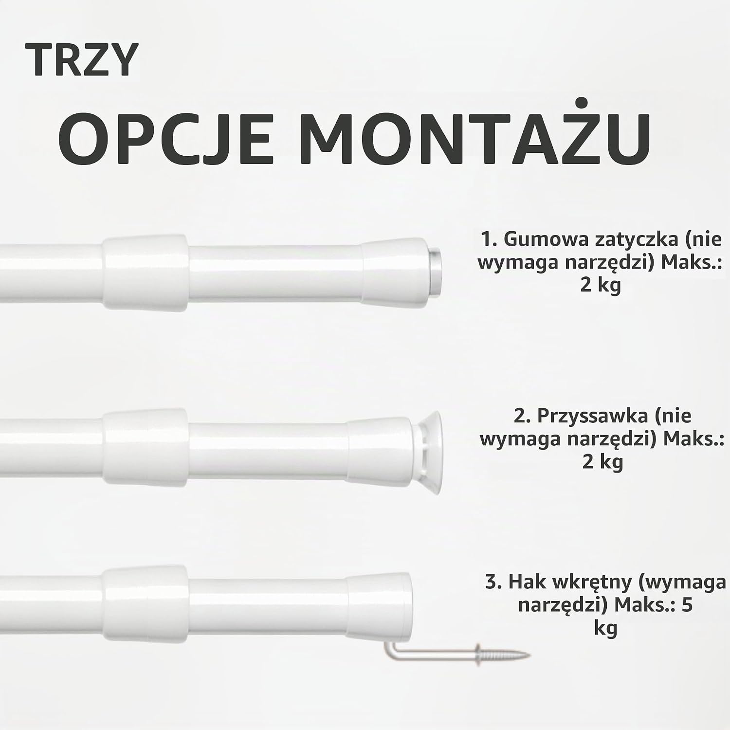 Detalle 2 de Venwemong NO2-XYG-8 – 3 białe karnisze sprężynowe 70–120 cm do lekkich firan