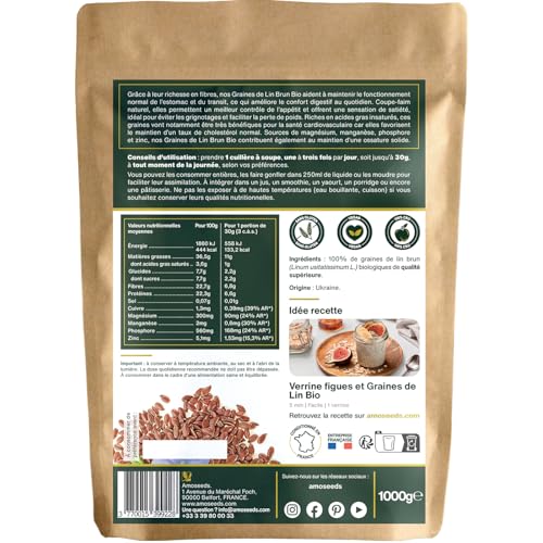 Detalle de Graines de Lin Brun Entières BIO 1kg – Oméga-3, Fibres, Sans Gluten | Amoseeds