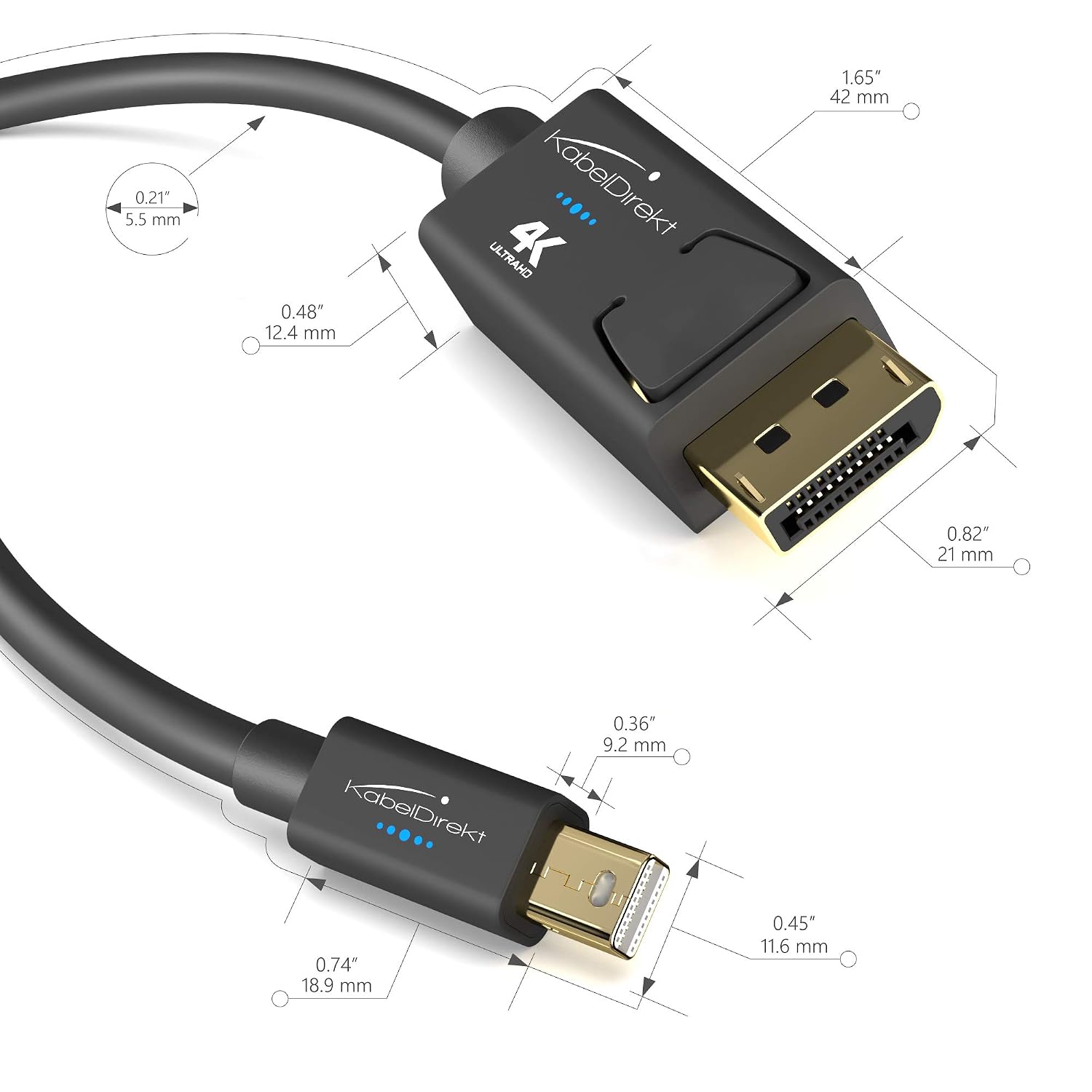 Detalle de KabelDirekt 4K Mini DisplayPort to DisplayPort Cable (5m) with AIS shielding – Thunderbolt 1/2 compatible