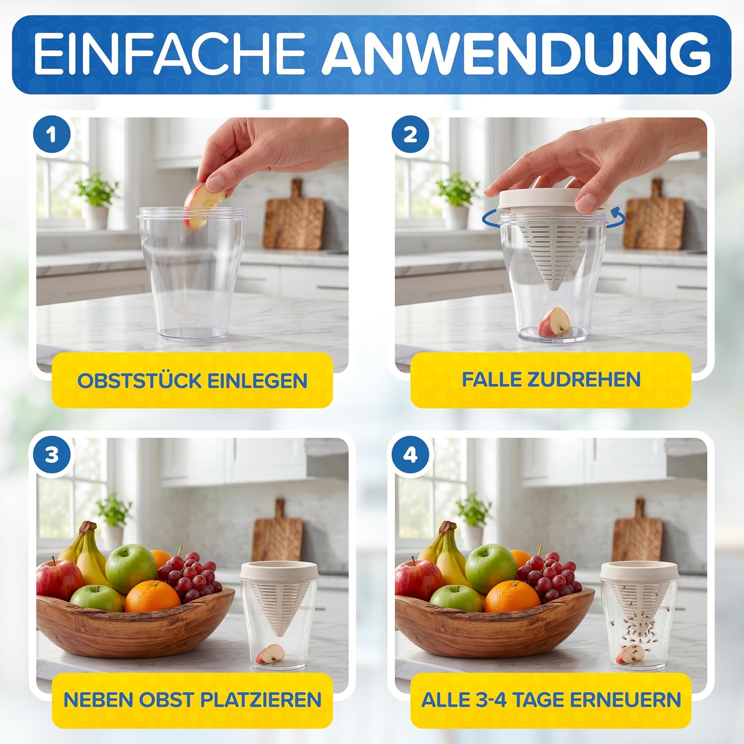 Detalle 2 de Patronus Fruchtfliegenfalle für Küche – 2x robuste, wiederverwendbare Fruchtfliegen Lebendfalle (spülmaschinenfest)