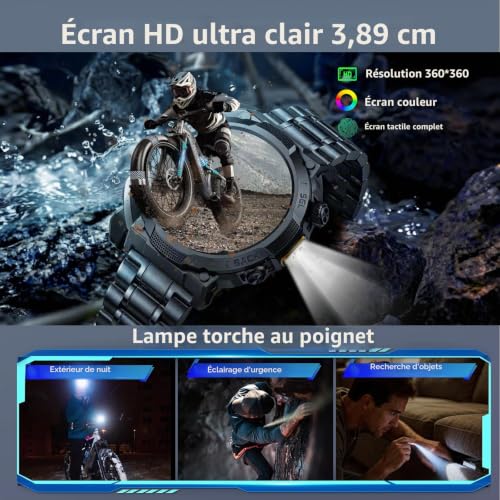 Detalle 2 de Soudorv Montre Connectée Homme avec LED Lampe — Militaire, 1000 mAh, Noir