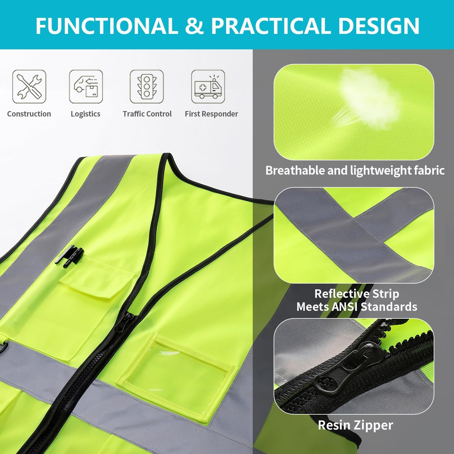 Detalle de YUANVEST Hi Vis Vest with 5 Pockets