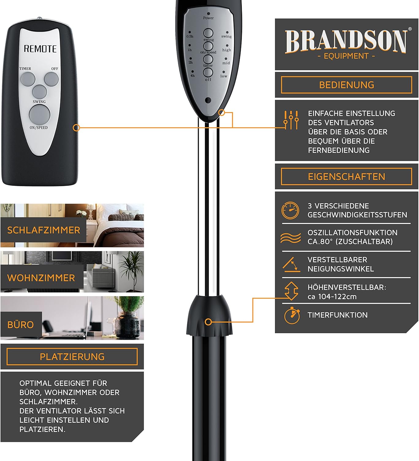 Thumbnail 4 de Brandson Standventilator mit Fernbedienung – 50 W, höhenverstellbar, Oszillation 80°