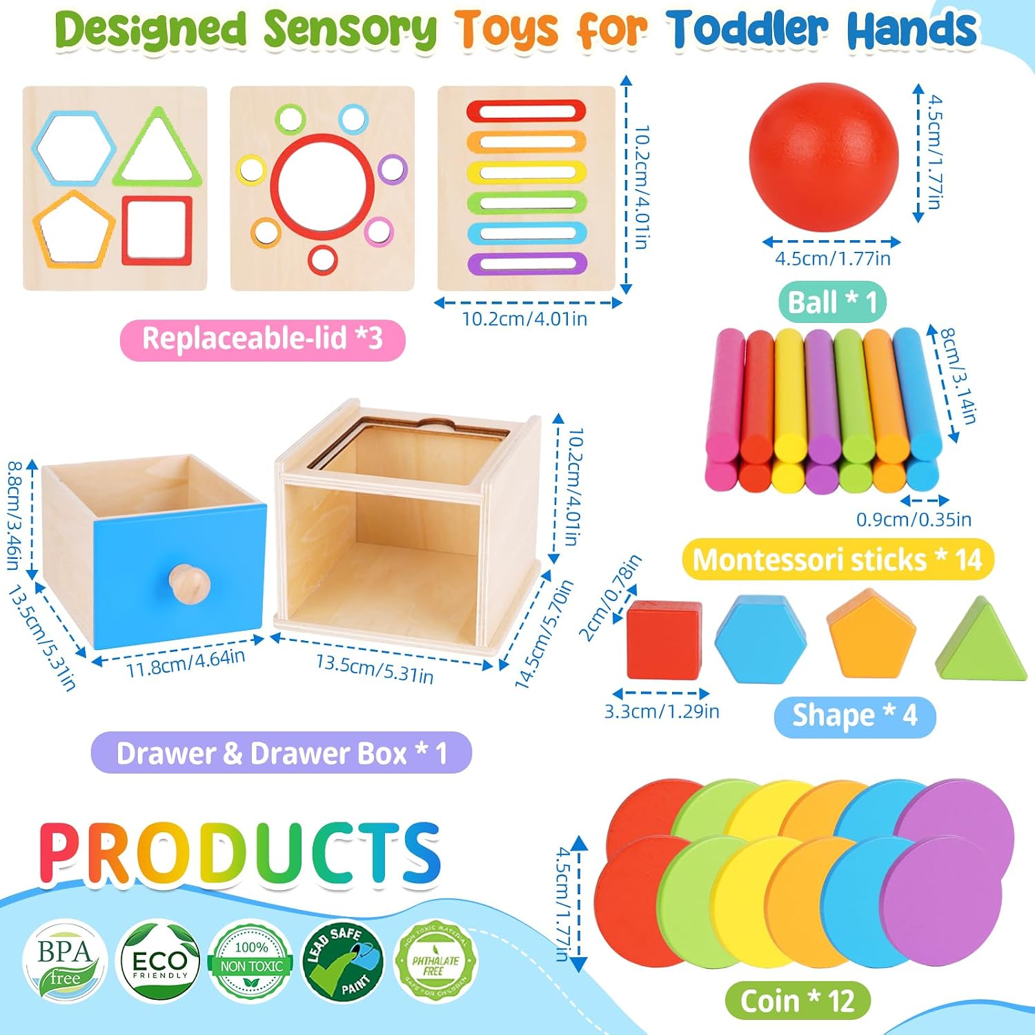Thumbnail 4 de FCSONU Wooden Shape-Sorting Toy with 3 Activity Lids and 31 Blocks