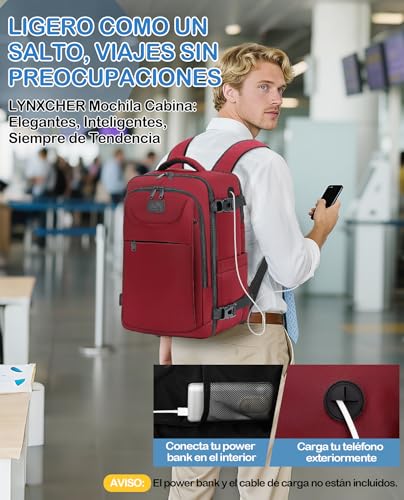 Thumbnail 5 de LYNXCHER Mochila de Cabina 45x36x20 cm para EasyJet, 30L, Rojo Oscuro