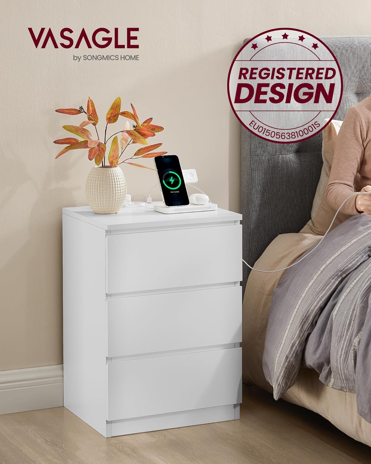 Thumbnail 3 de VASAGLE Kailyn LET831W14 – Lot de 2 tables de chevet avec 3 tiroirs et multiprise (2 prises CA + 2 USB)