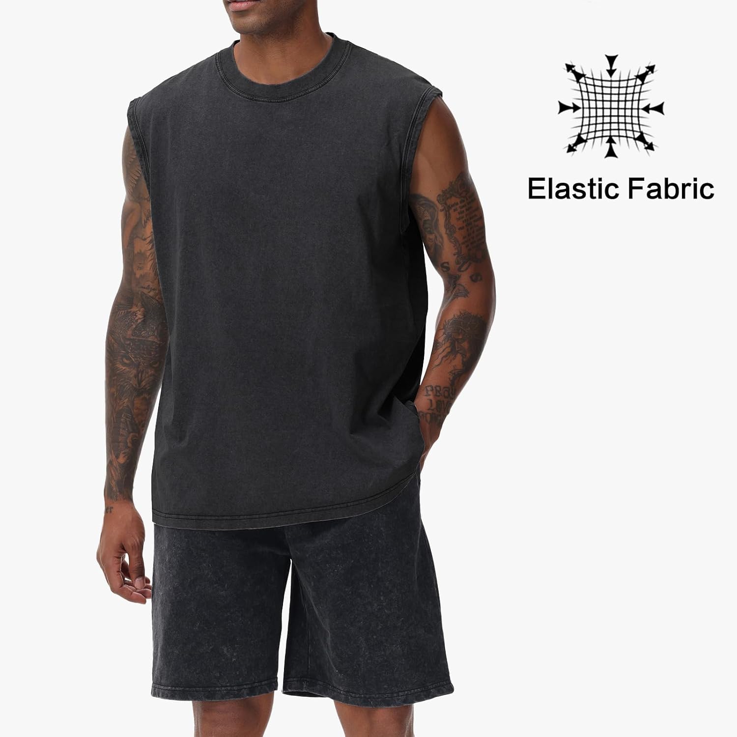Thumbnail 2 de HOUZONIY Herren Kurzarm/Sleeveless Fitnessshirt ohne Ärmel aus Baumwolle (Washed Sleeveless)