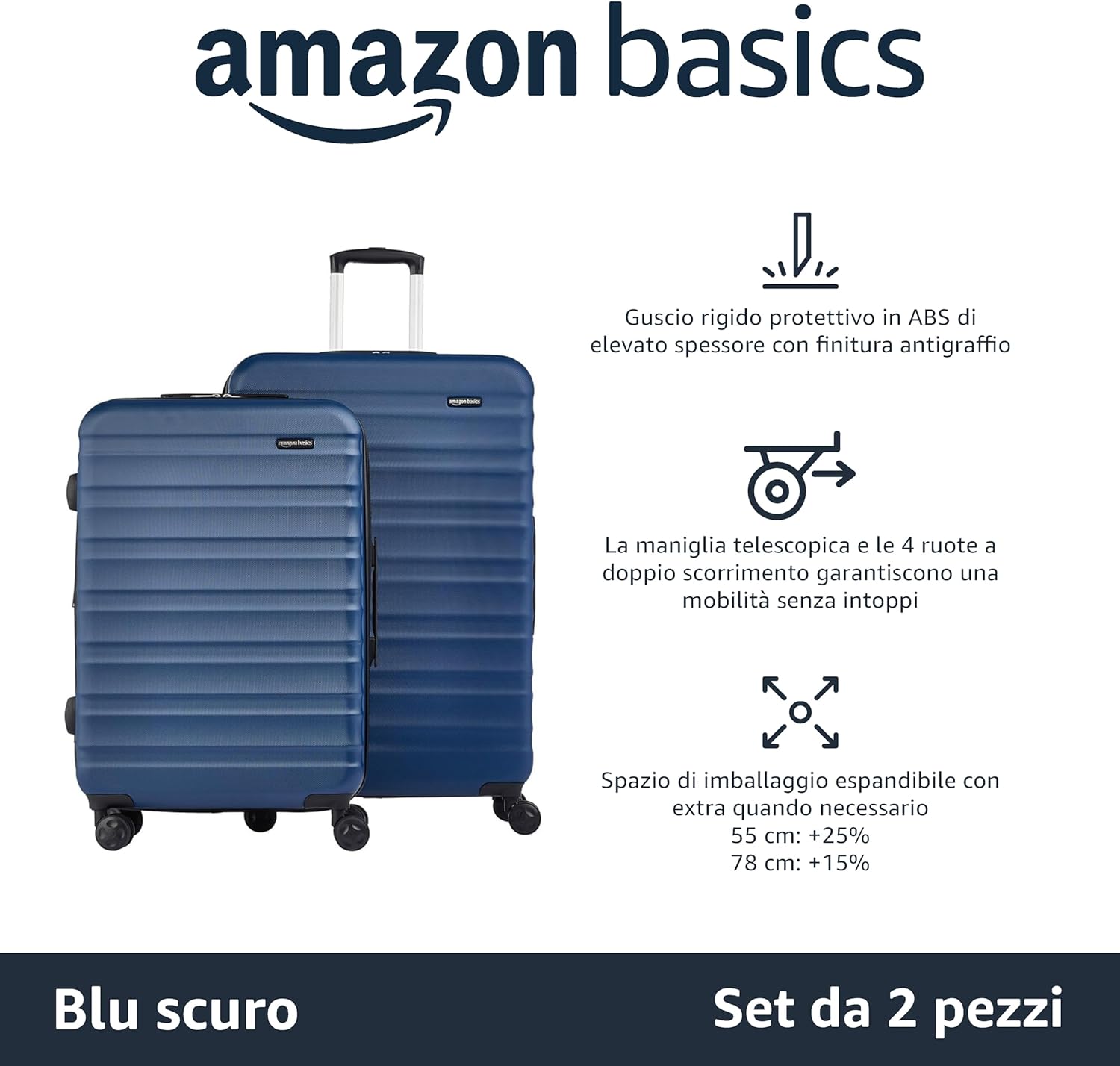 Detalle de Amazon Basics Set Valigie Rigide (Piccola + Grande) in ABS Blu Navy – Espandibili e con 4 Ruote Doppie