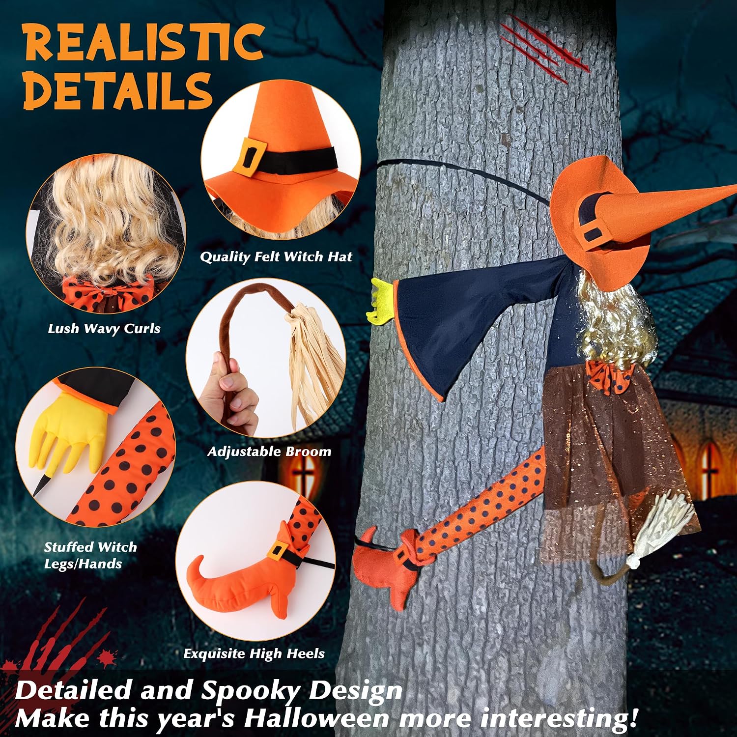 Detalle de HOIIOH 53-Inch Orange Crashing Witch Halloween Yard Decoration