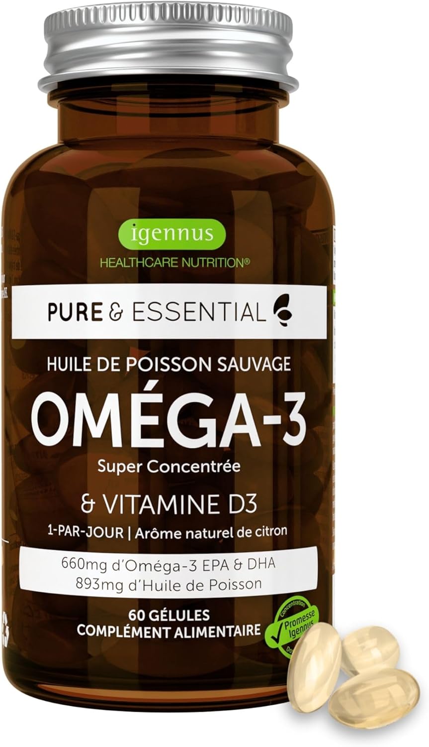 Detalle de Igennus Haute Concentration Omega 3 Huile De Poisson Sauvage & D3 – 660 mg EPA/DHA, 60 doses, arôme citron