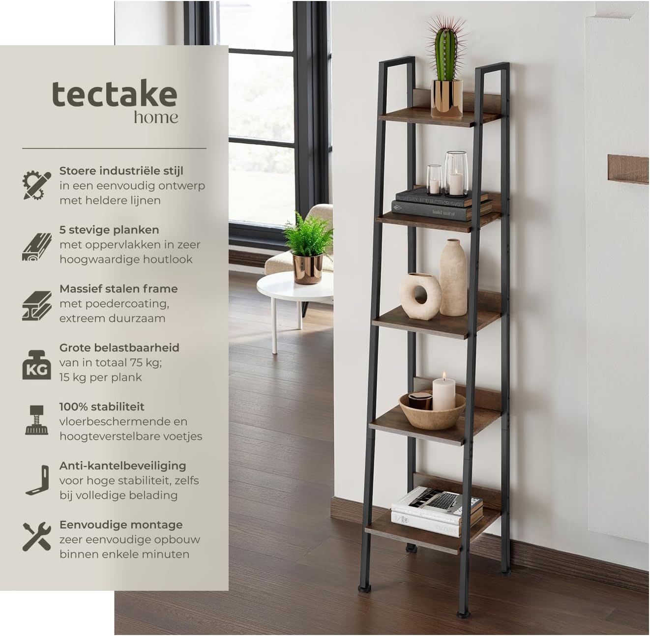 Detalle de tectake Ladderrek met 5 planken, donkerbruin en zwart staal, 170,5 cm hoog