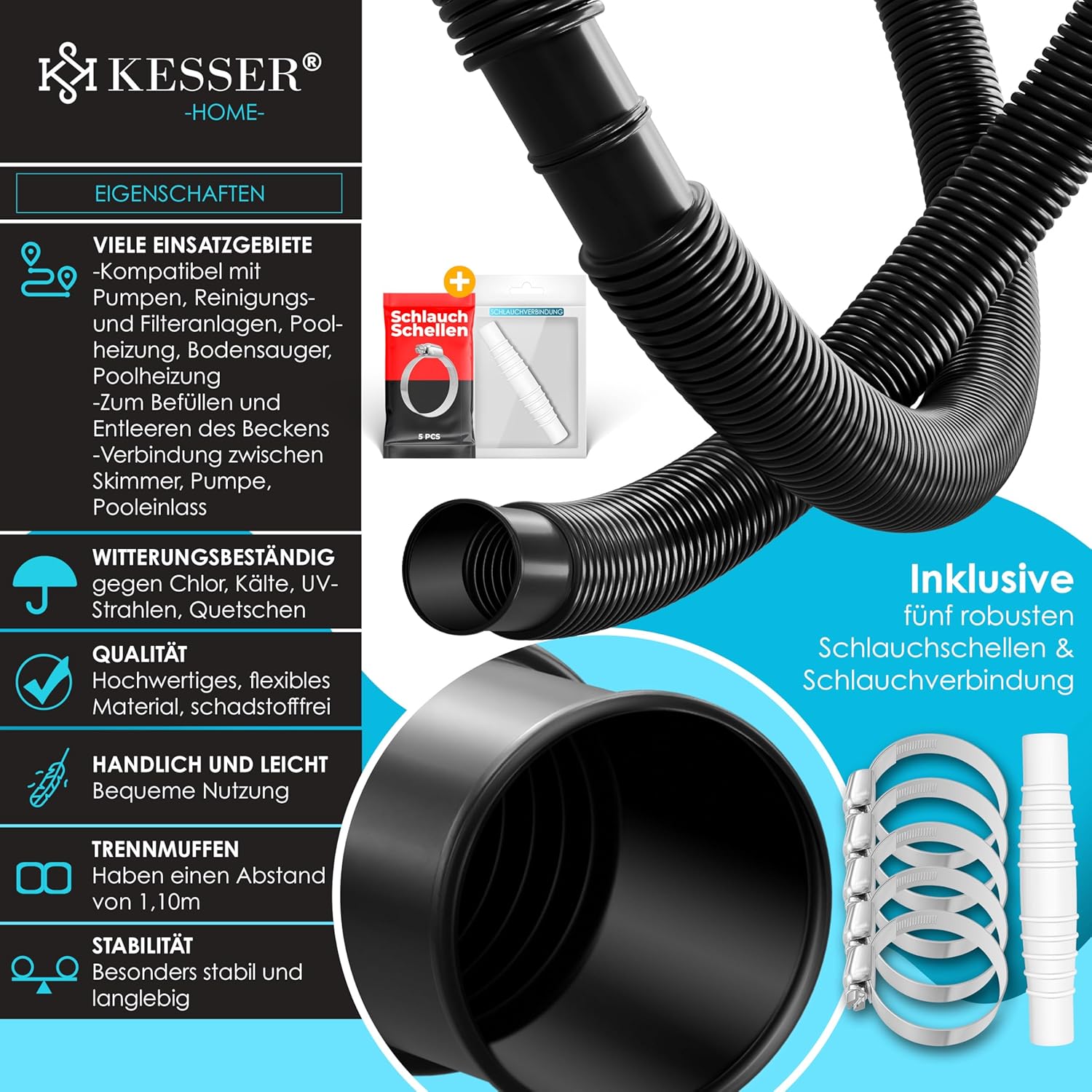 Thumbnail 1 de KESSER® Poolschlauch 12 m, Ø 32 mm – flexibler Schwimmbad-, Saug- und Pumpenschlauch mit Muffen (inkl. Schlauchschellen)