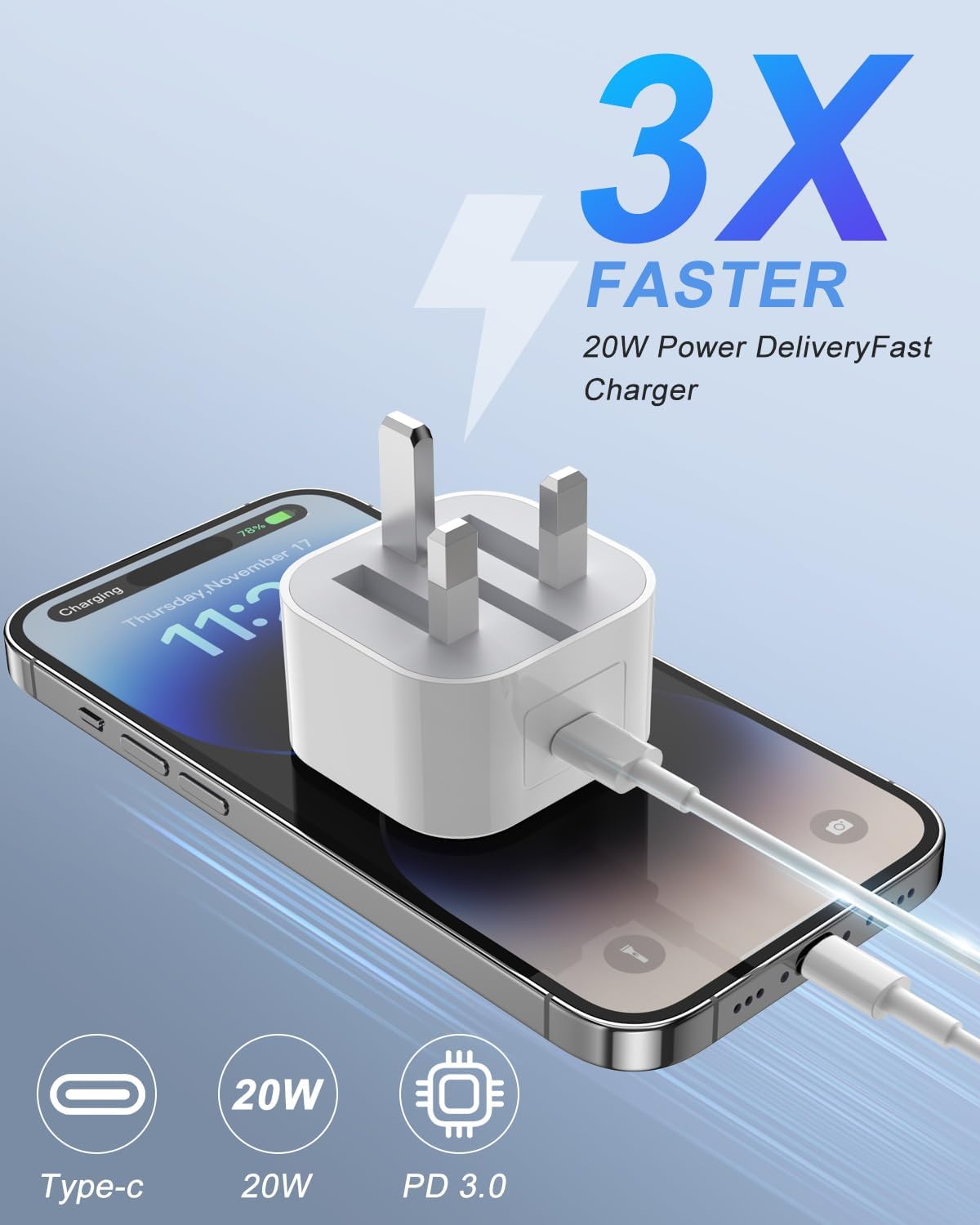 Thumbnail 1 de 2-Pack 20W USB-C Plug Fast Charge (MFI Certified) UK Adapter for iPhone, iPad & AirPods Pro