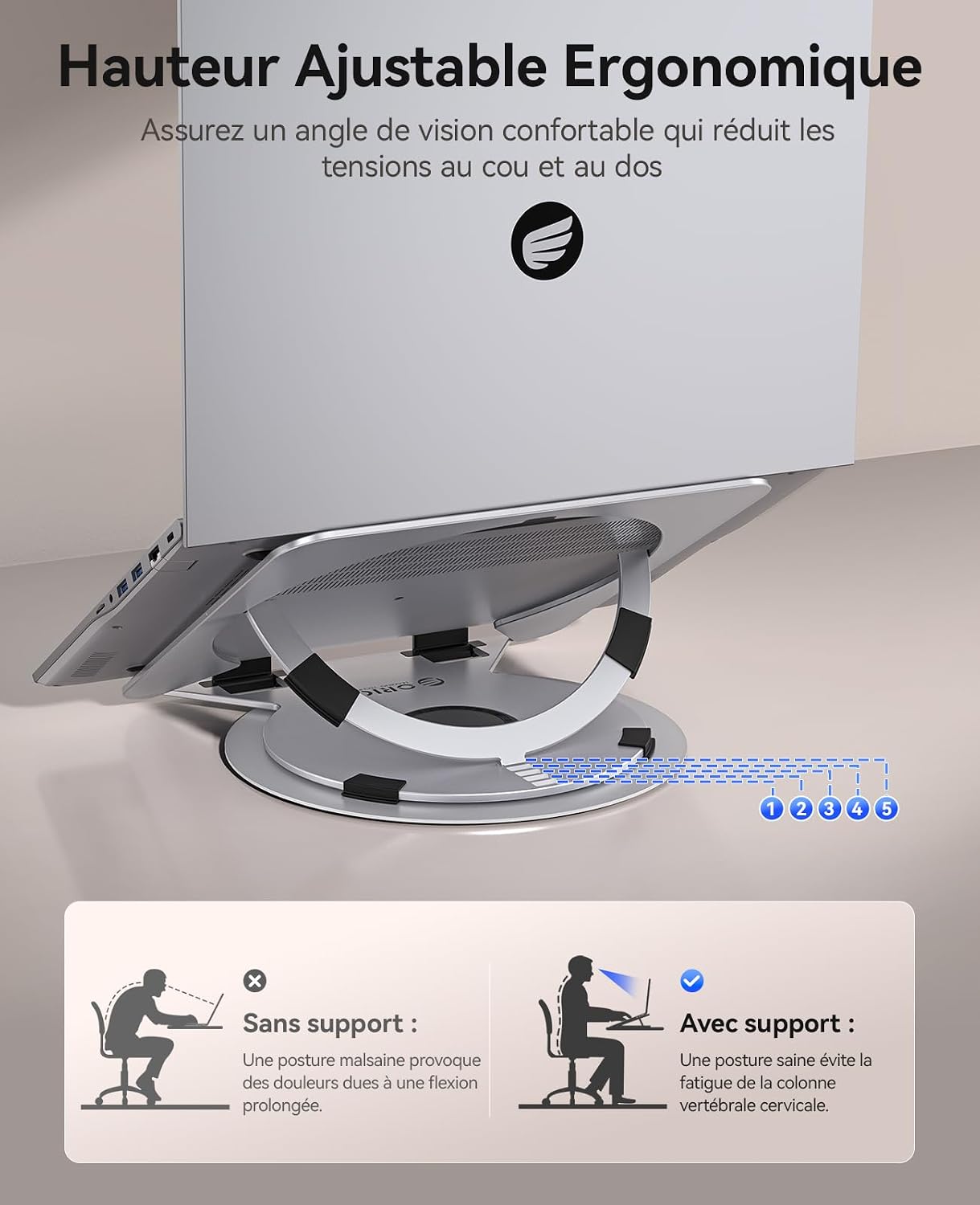 Detalle 2 de ORICO Support ordinateur portable ventilé réglable NS1 en aluminium, hauteur à 5 niveaux et rotation 360° (10 à 17,3")