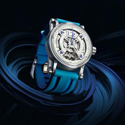 Detalle de FEICE Montre Analogique Automatique Squelette pour Homme - Ø44,5 mm, bracelet silicone bleu