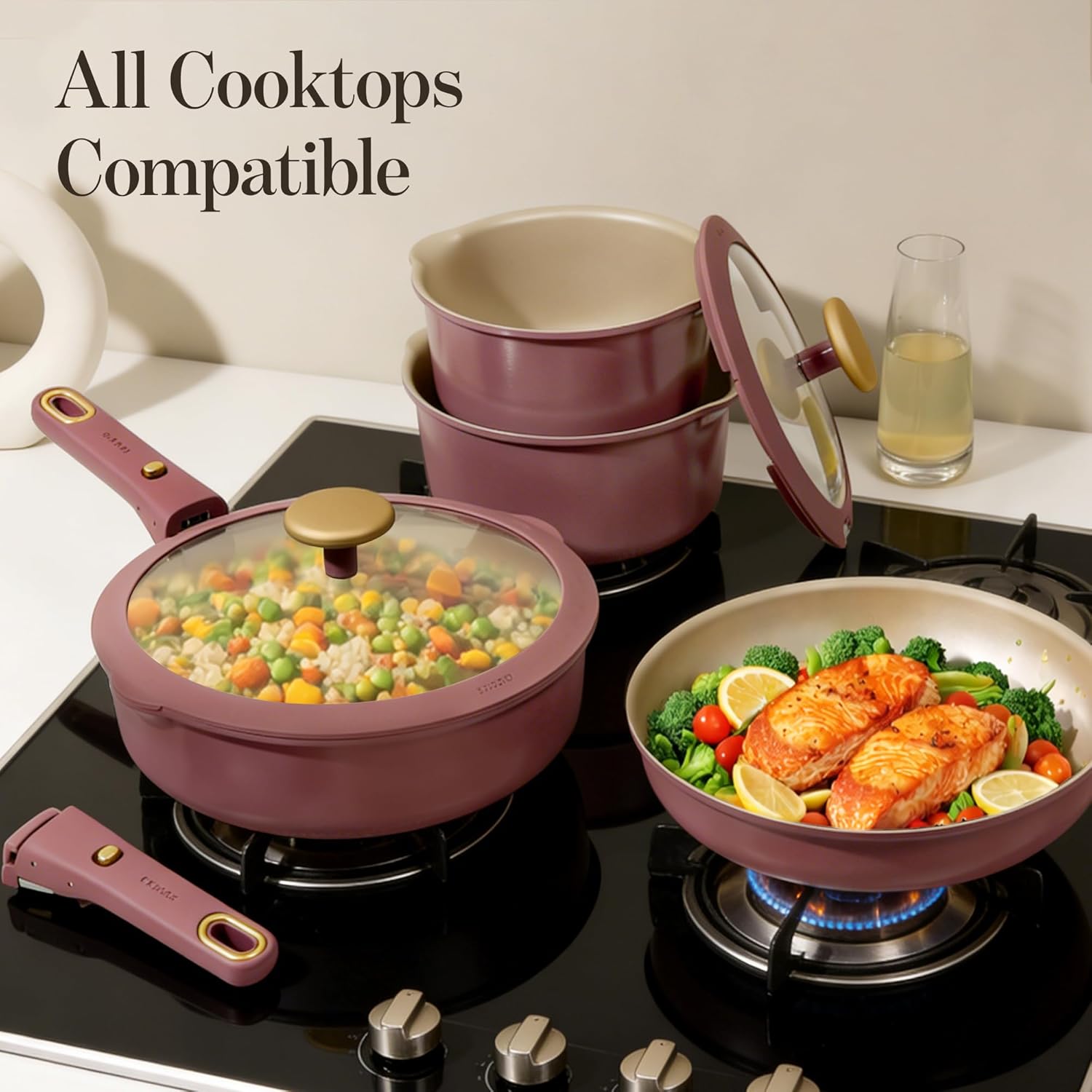 Thumbnail 5 de CAROTE 18-Piece Pots and Pans Set with Titanium Reinforced Nonstick & Detachable Handles (Red)