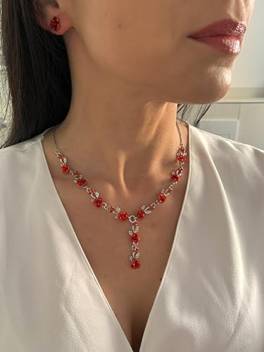 Detalle 2 de ONDEGO Schmuckset Rot Blumen Silber – Collier, Ohrringe und Strass für Hochzeit und Fest