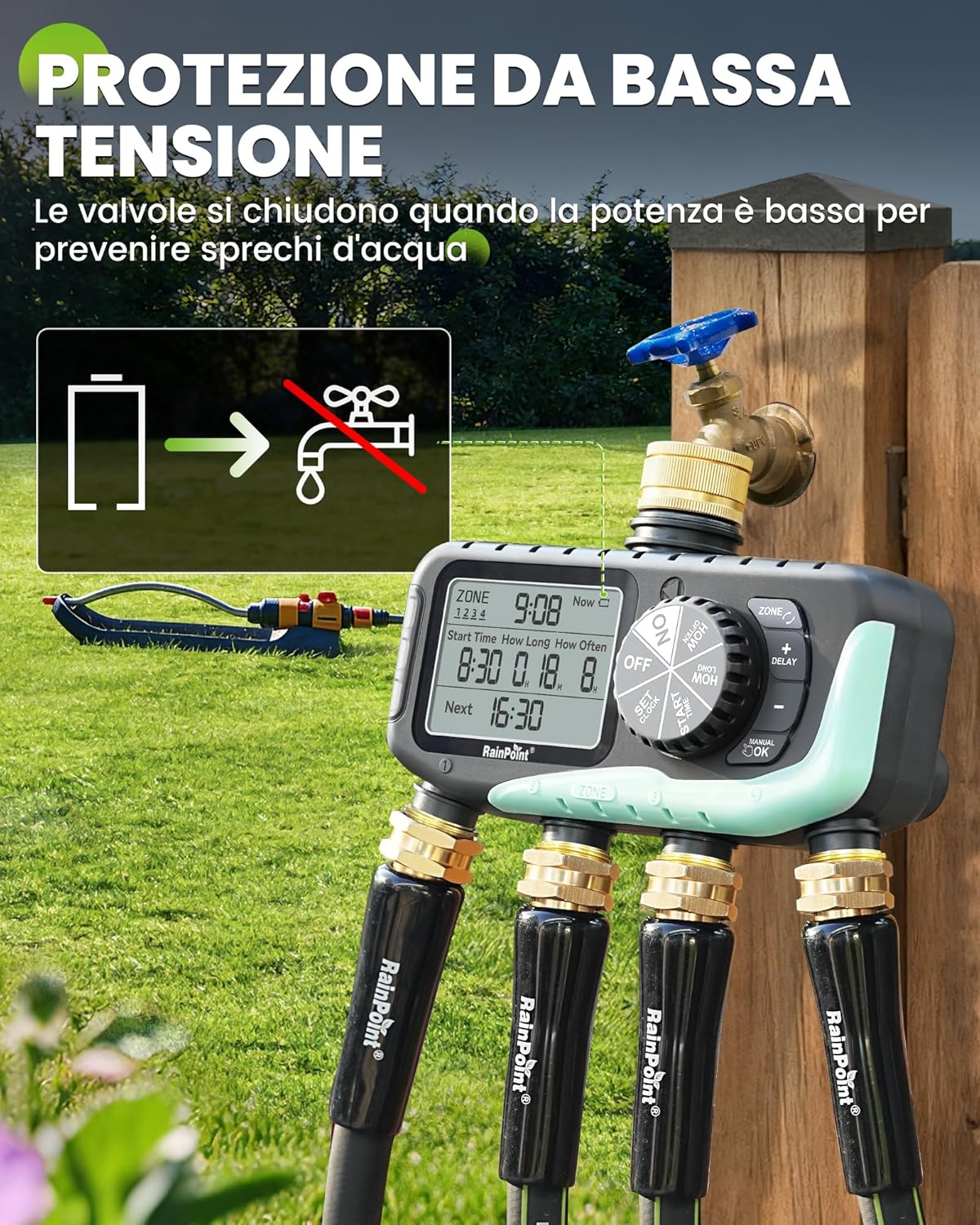 Thumbnail 6 de RAINPOINT Centralina Irrigazione 4 Zone – Timer impermeabile IP65 con ritardo pioggia e controllo manuale