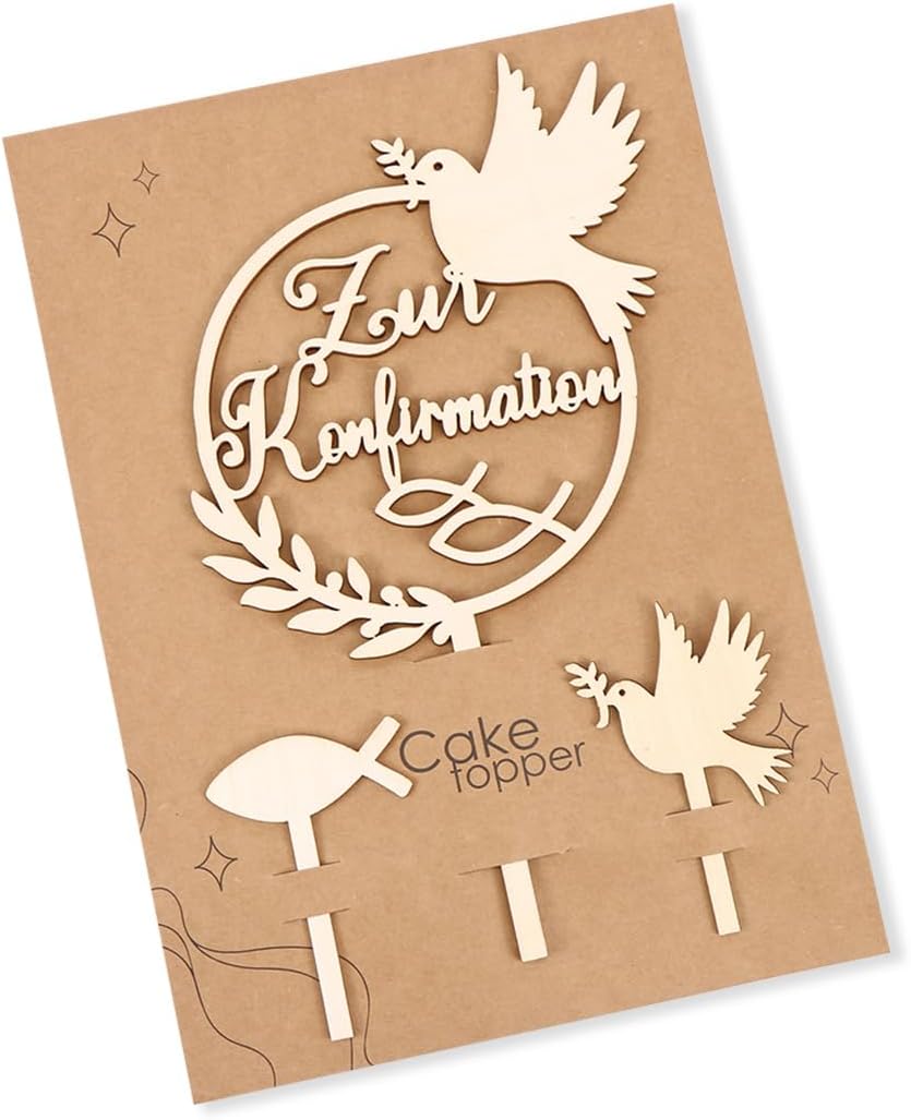 Tortendeko Konfirmation Holz – Cake Topper aus Naturholz mit Tauben, Fischen und Girlanden