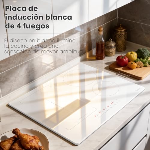 Detalle de Karinear Placa de Inducción Blanca 4 Fuegos con Zona Flexible y Enchufe