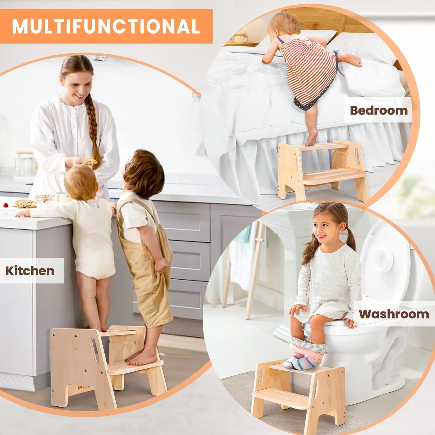 Thumbnail 5 de Woodure WD1357 Wooden Toddler Step Stool, 2 Steps, Adjustable Height