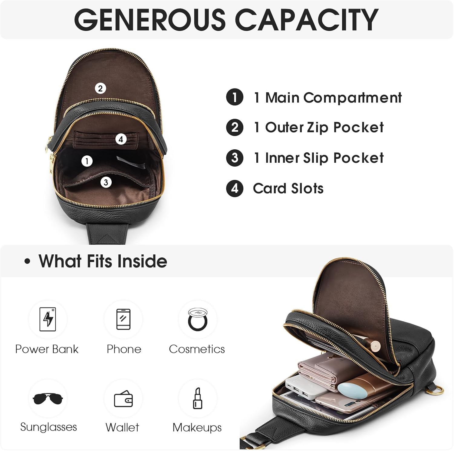 Thumbnail 3 de Kattee Sac à bandoulière pour femme en cuir grainé – petit sac banane avec blocage RFID