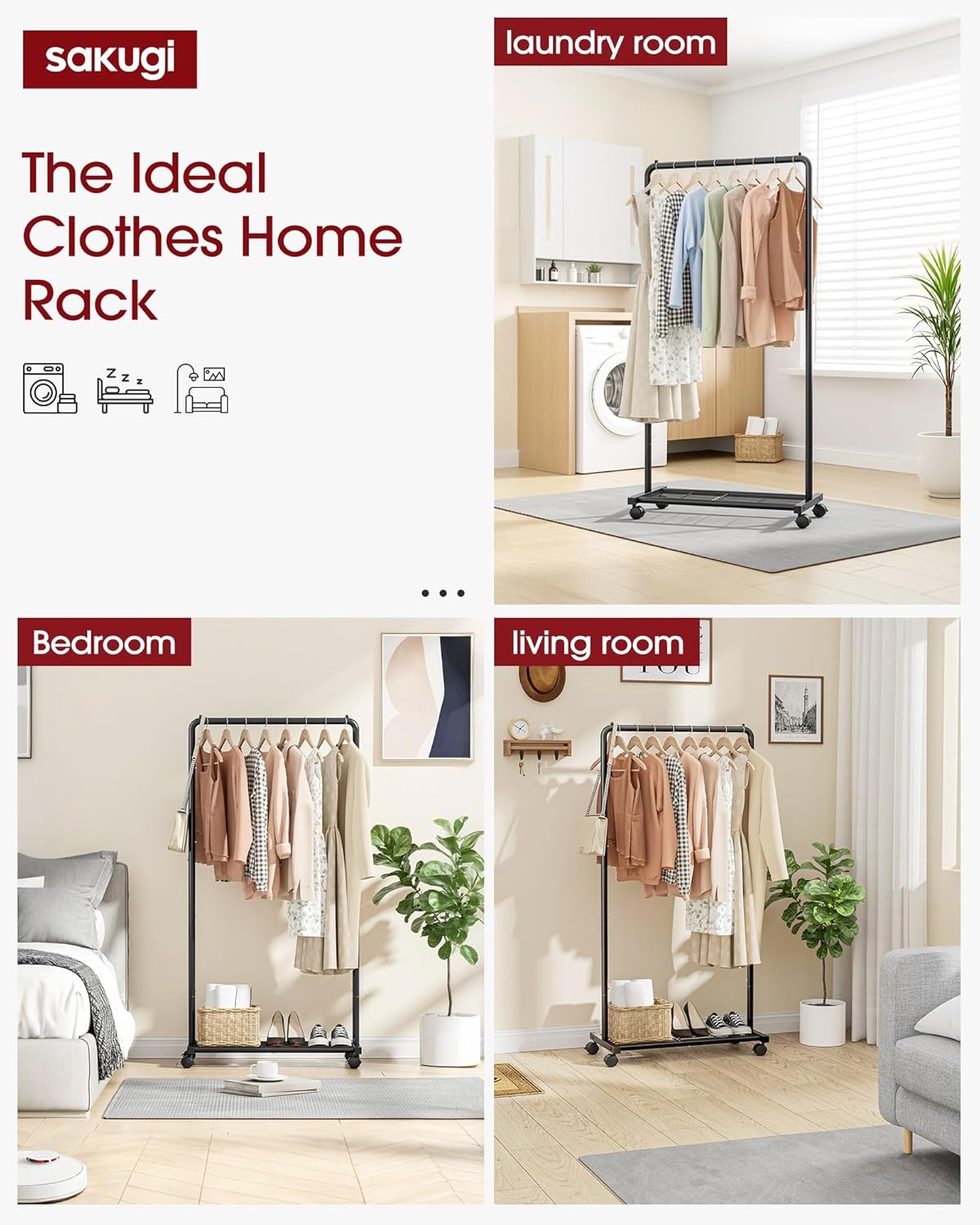 Detalle de Sakugi Clothes Rack with Storage Mesh Shelf & Casters