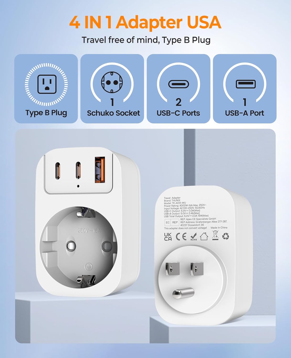 Thumbnail 1 de Adaptateur Prise USA 4 en 1 – USB-C et USB-A, voyage France vers USA/Canada avec protection et charge rapide