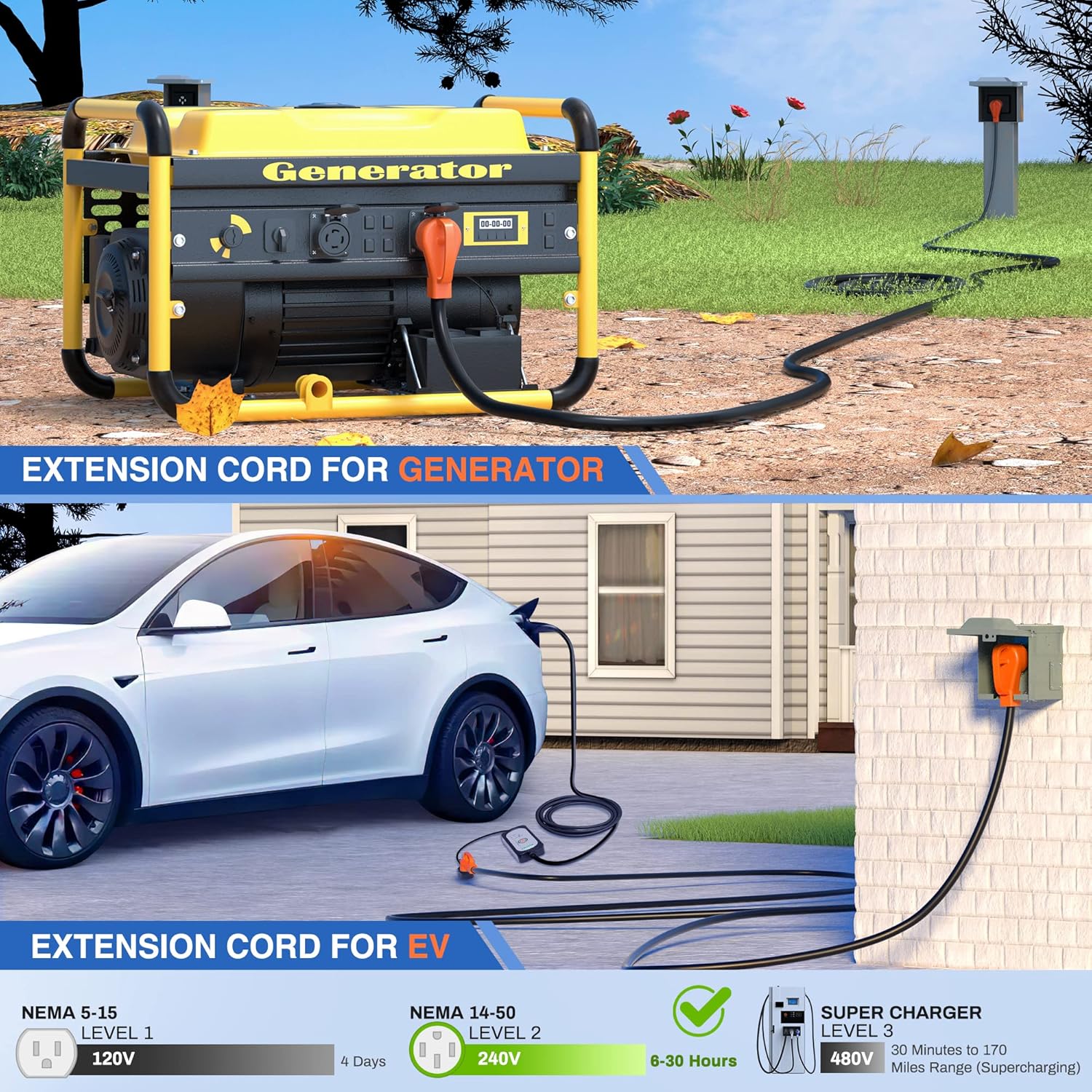Detalle de Nilight 50 Amp 50FT RV/EV Extension Cord, 6/3+8/1 Pure Copper, NEMA 14-50 4-Prong (14-50P to 14-50R), 250V