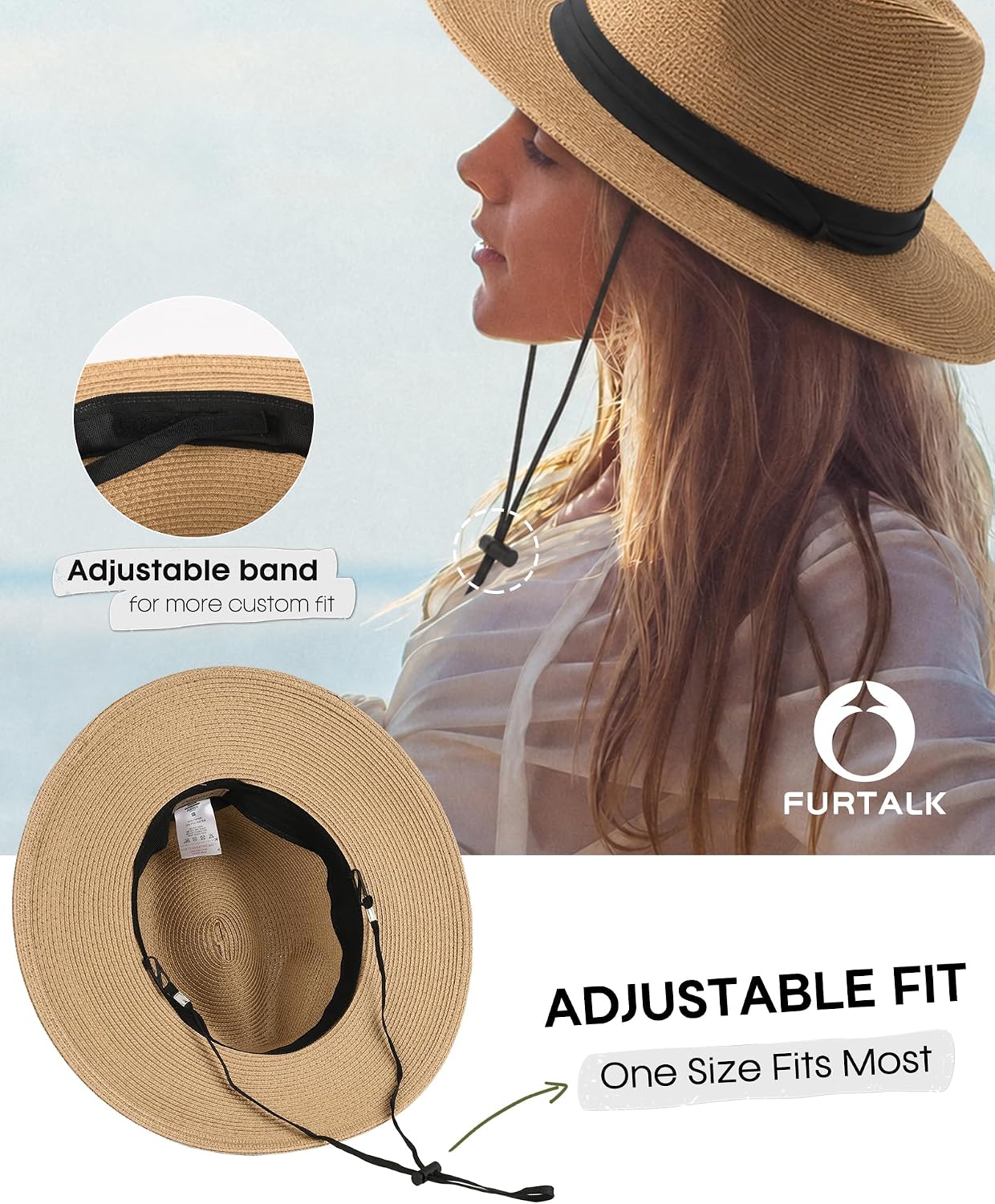 Detalle de FURTALK wide brim straw panama hat fedora for women & men (UPF straw summer sun hat)