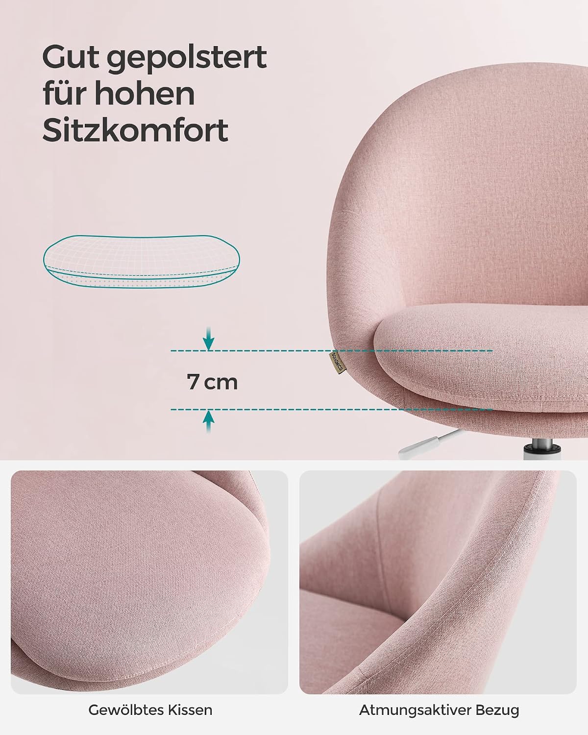 Thumbnail 5 de SONGMICS Homeoffice-Stuhl OBG020P01 (Schminkstuhl/Schreibtischstuhl), höhenverstellbar, pastellrosa