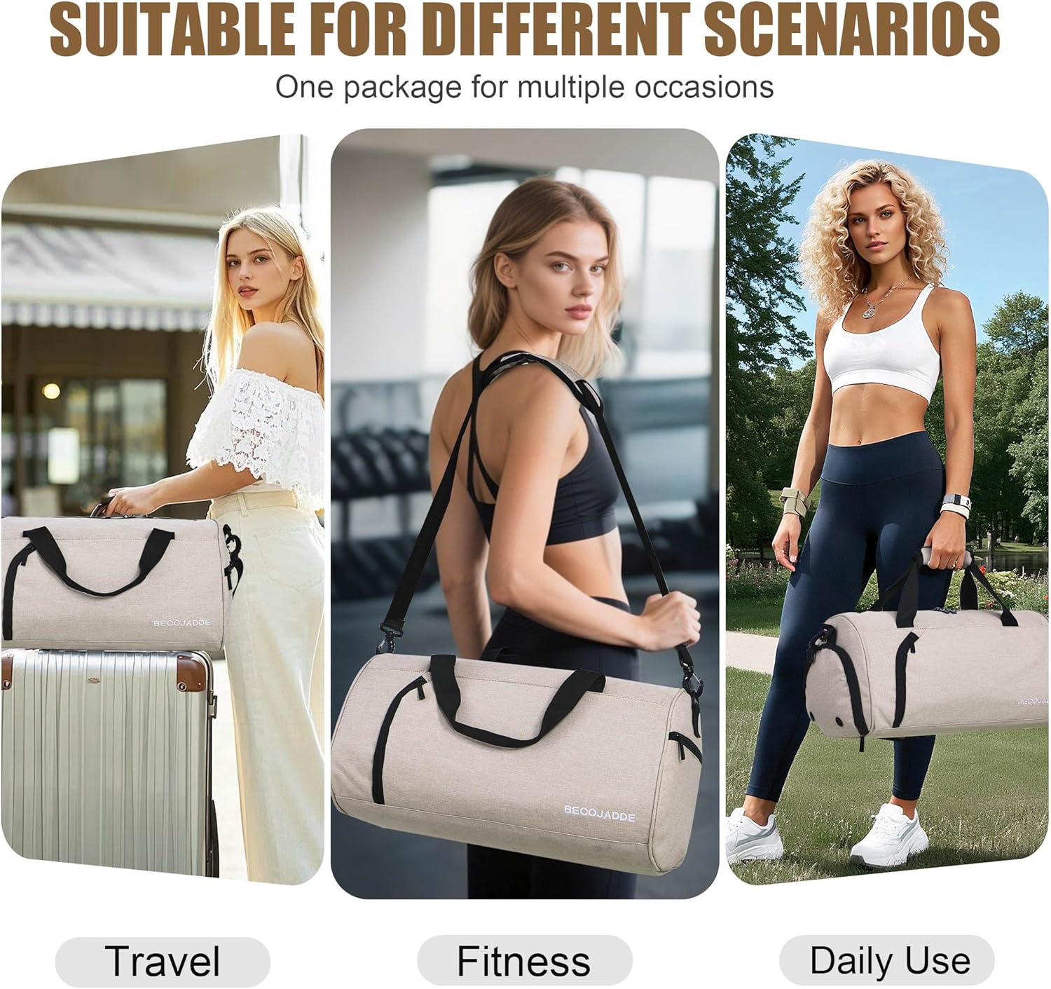 Thumbnail 6 de BECOJADDE Gym Bag for Women and Men with Shoe Compartment & Wet Pocket, 35L – Beige