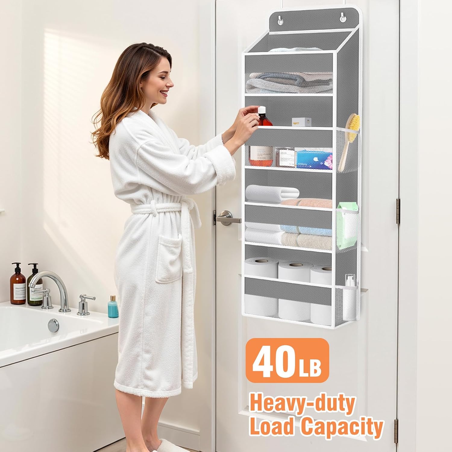 Detalle de WISELIFE Over-the-Door Organizer with 4 Shelves, Mesh Pockets and 40 lb Capacity