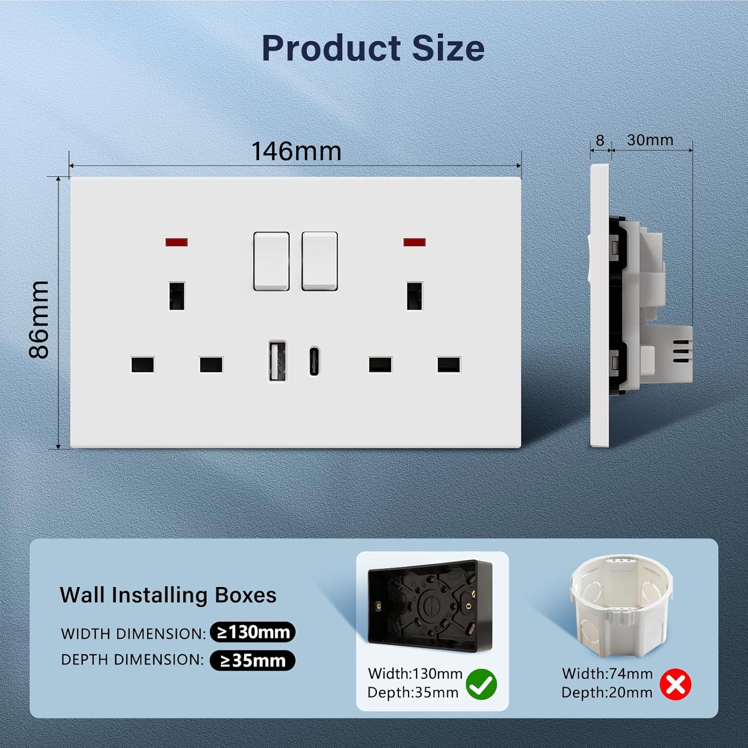 Detalle 2 de BSEED Double Socket with USB C 5 Pack – UK 13A Wall Socket with LED Indicator
