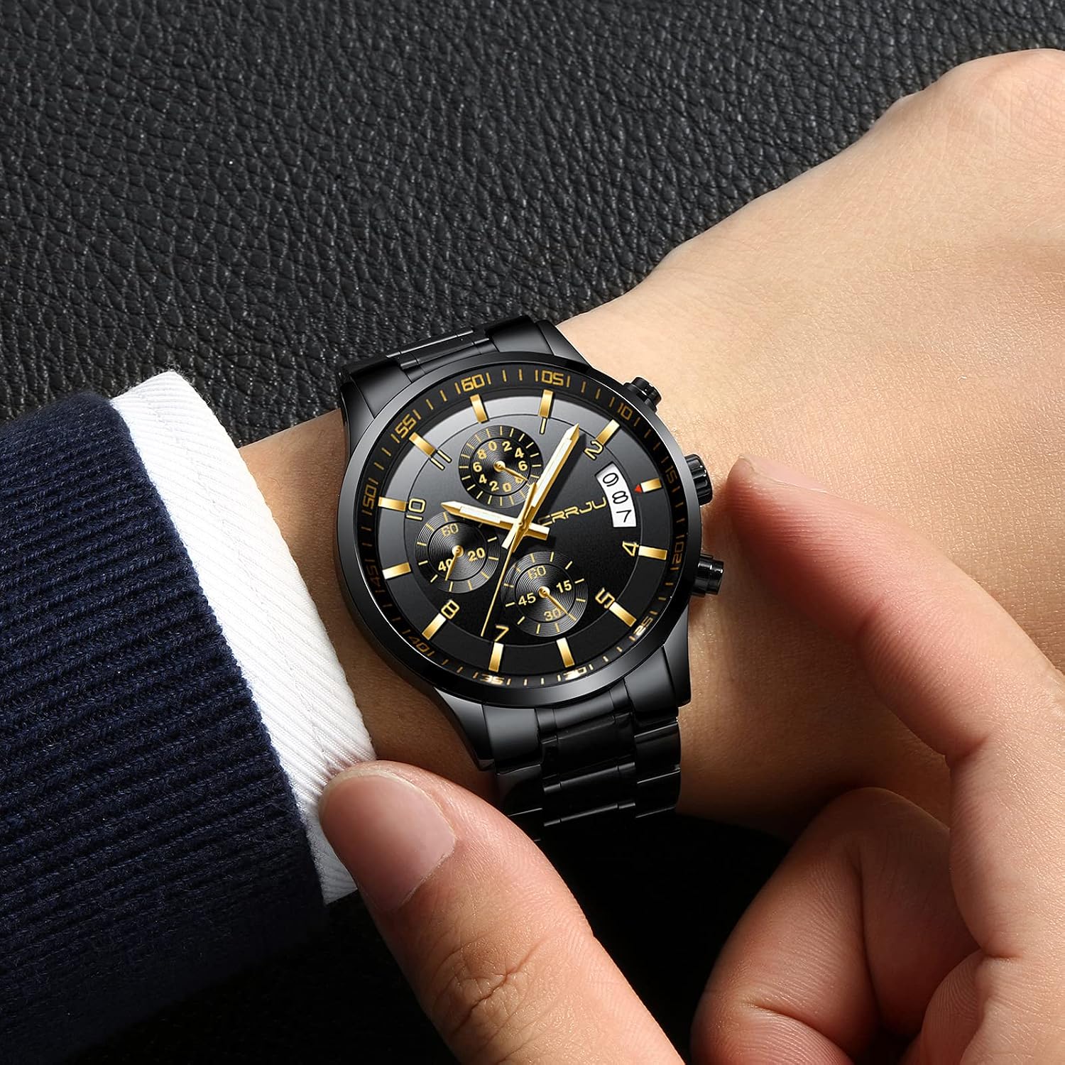 Detalle de CRRJU Herren Uhr – wasserdichtes Chronographen-Modell mit Edelstahlarmband und Datum, blaues Zifferblatt