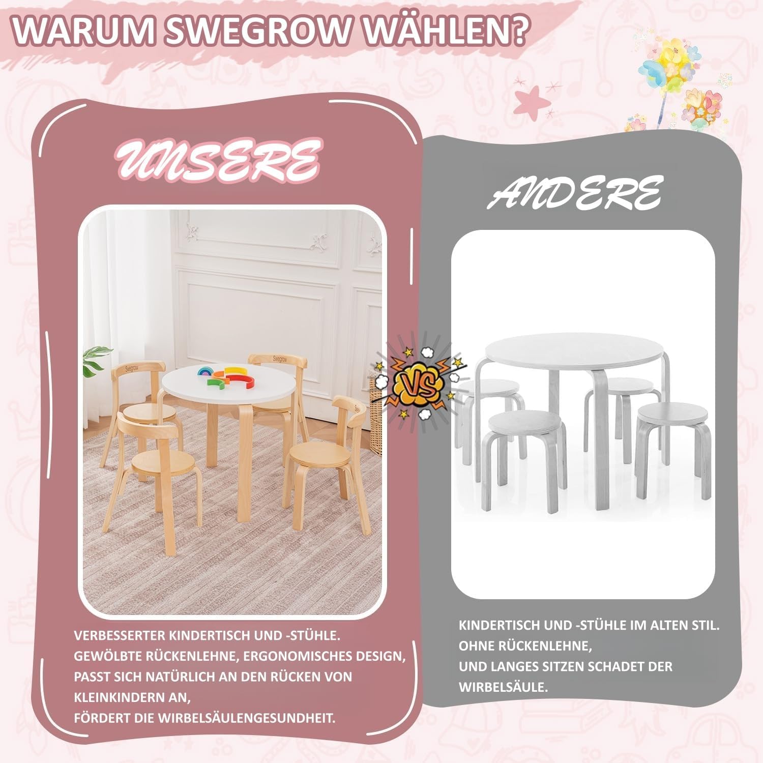 Thumbnail 6 de Swegrow Kids Table and 4 Chairs Set — Wooden Table and Chairs for Kids & Toddlers (3–8 years)