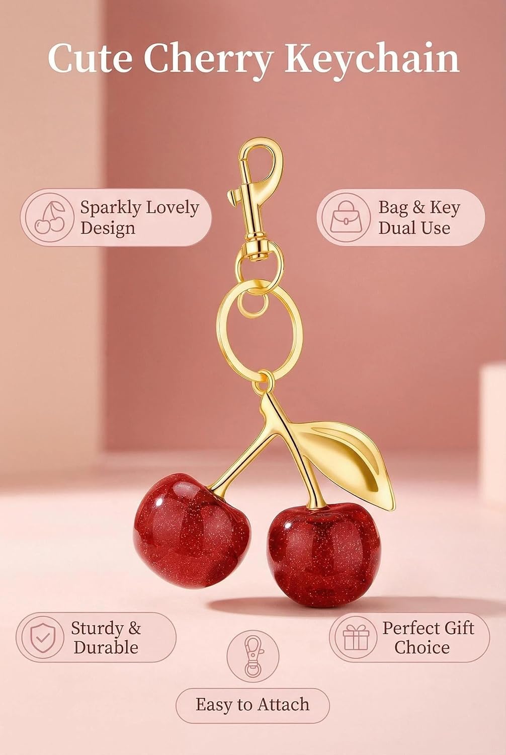 Detalle de GrueGard Porte-clés cerise pour sac (cherry charm) – bijou de sac mignon, attache rapide pour clés et sac à dos