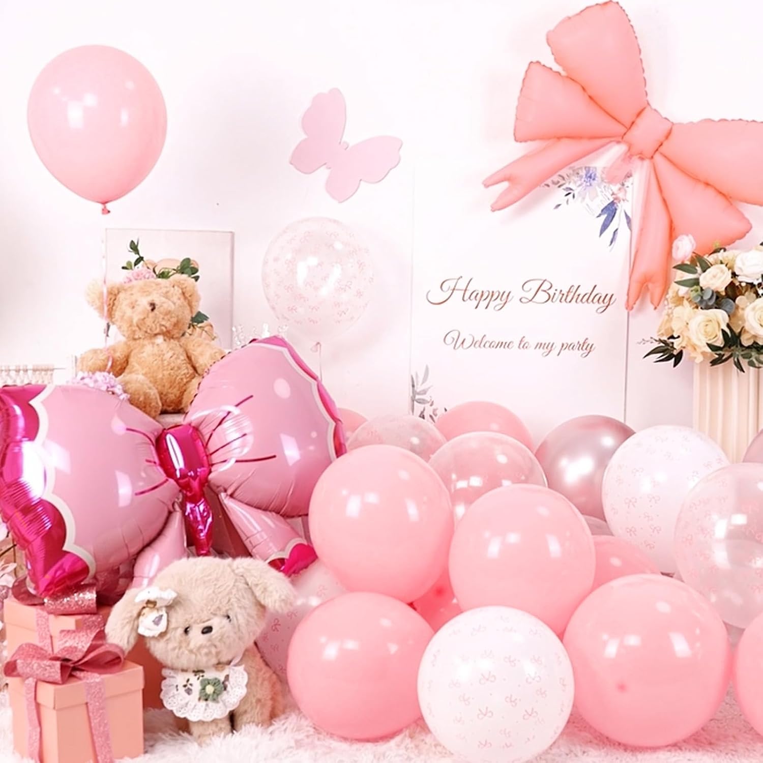Detalle de Bow Balloons 35-Piece Light Baby Pink, White & Clear Pastel Balloon Set with Bow Foil Balloon and Ribbon