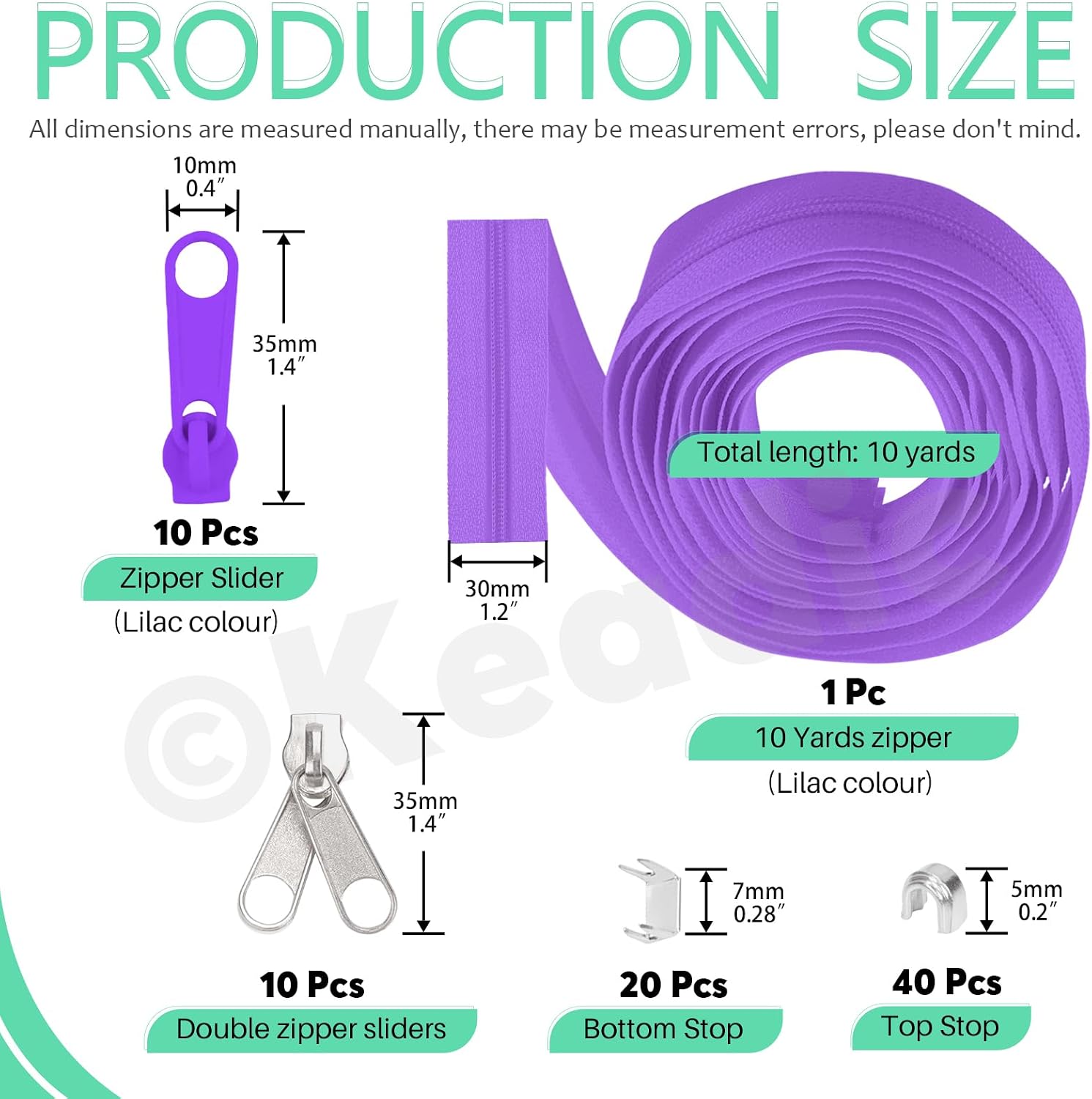 Detalle 2 de Keadic 81Pcs #5 Nylon-Reißverschluss-Set mit 10 Yard, Helles Violett – inklusive Schiebern, Stops und Zähnen