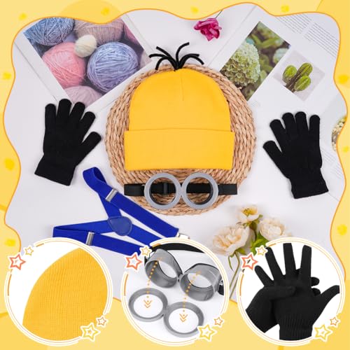 Thumbnail 3 de DiULi Kit de Accesorios de Disfraz 4 en 1 para Niños (Dos Ojos): Gafas Steampunk, Sombrero Amarillo, Guantes Negros y Tirantes Azules