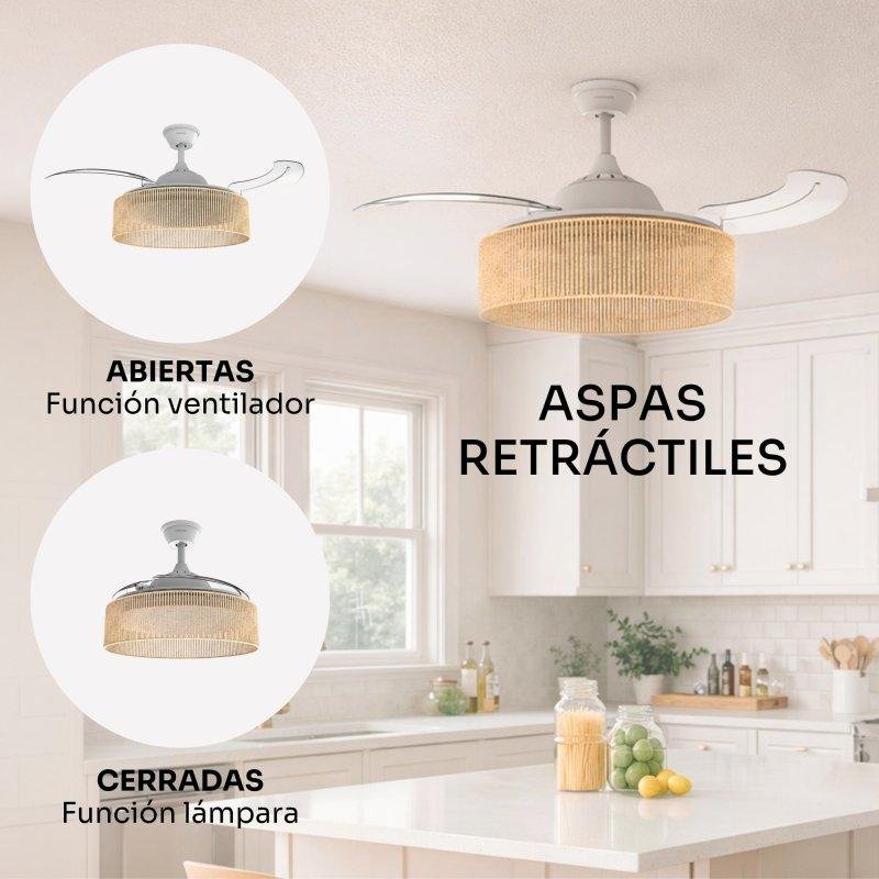 Detalle 2 de Ventilador de Techo con Luz Mellerware Rattan Sand 30W 106 cm — 6 velocidades, motor DC y aspas retráctiles